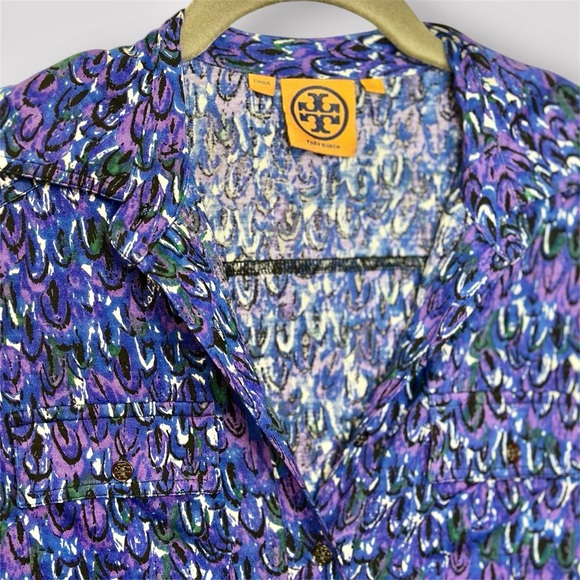 Tory Burch Long Sleeve Silk Blue and Purple Pattern Utility Button Down Top- XS - Picture 2 of 6